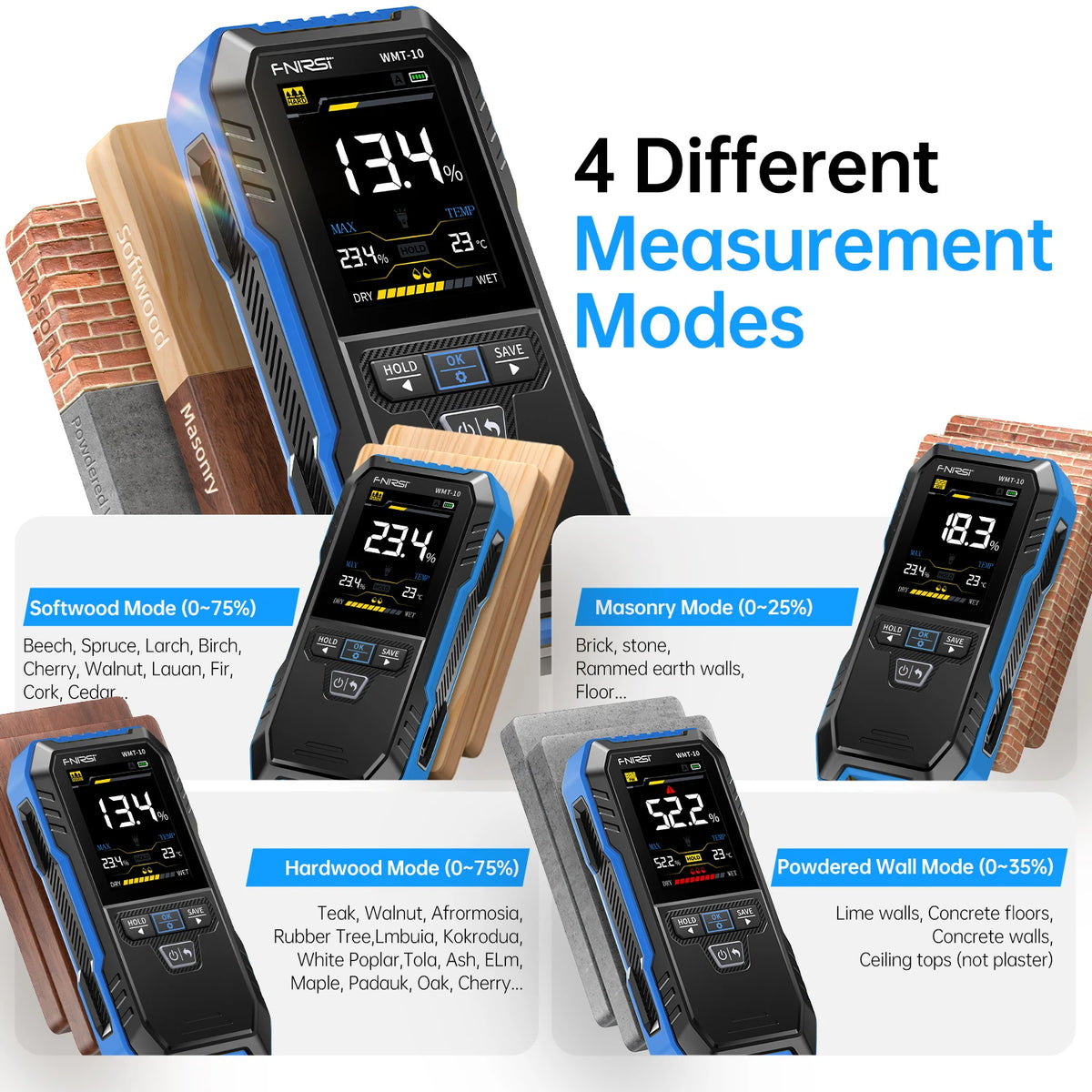 FNIRSI WMT-10 Hygrometer Inductive Wood Moisture Meter 17mm Measurement Depth