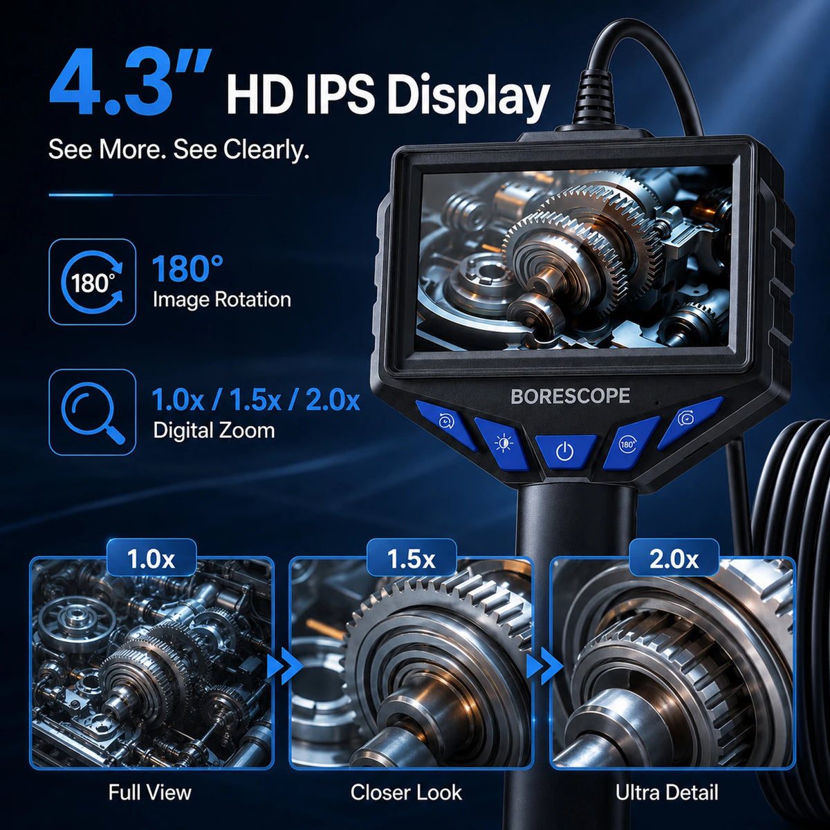 4.3" Screen Handheld Endoscope Camera 1080P HD, IP67 Waterproof Borescope Inspection Camera with 8 LEDs for Automotive Pipe