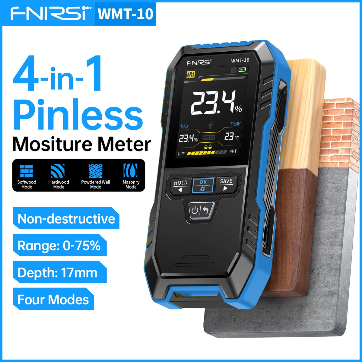 FNIRSI WMT-10 Hygrometer Inductive Wood Moisture Meter 17mm Measurement Depth