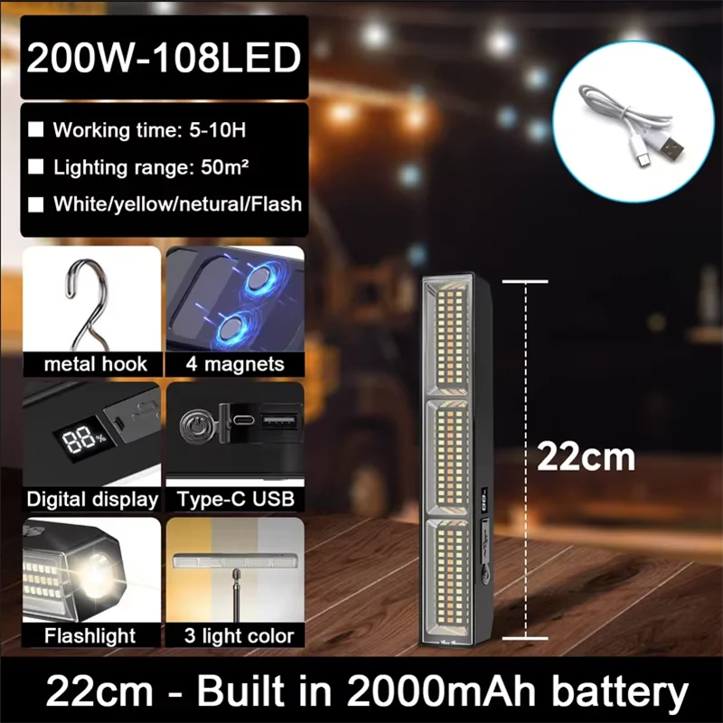 Magnetic LED Work Light Bar USB Rechargeable Portable 3 Modes IP66 Waterproof Emergency Power Bank Lamp Camping Garage Repair RV