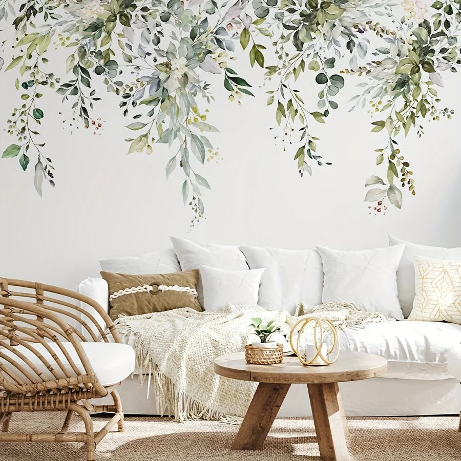 2pcs Plant Vine Flower Green Leaf Self-Adhesive Wall Stickers Removable Decorative Decal for Home Living Room Bedroom Background