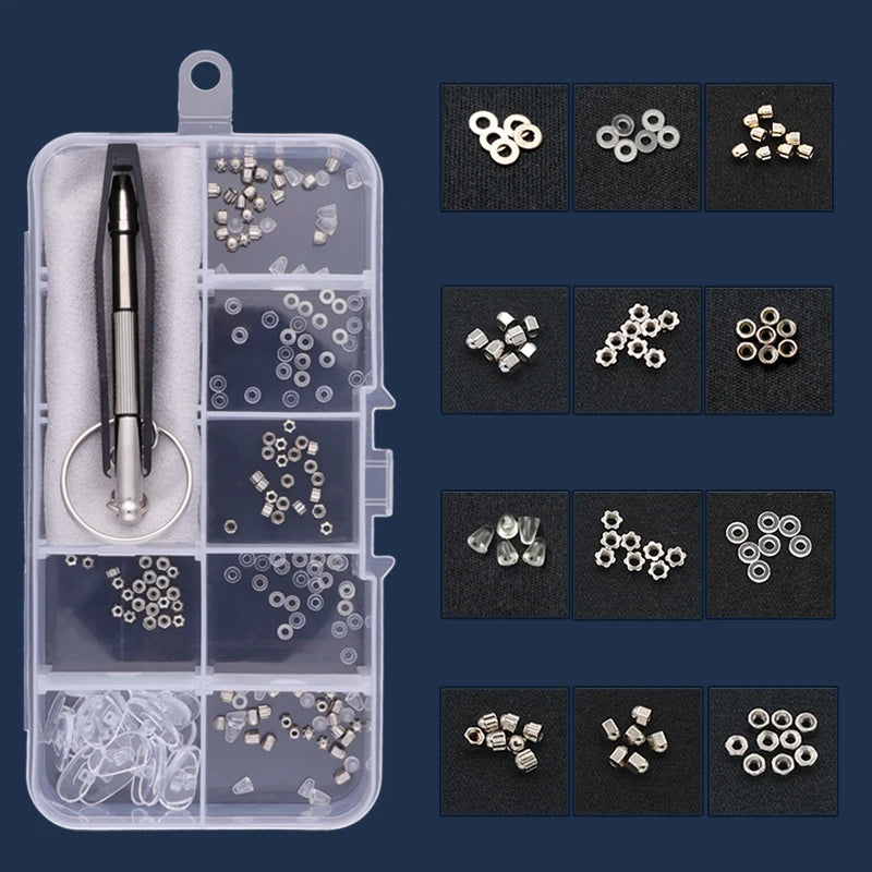 Organized eyeglass repair kit with assorted micro screws, washers and tools