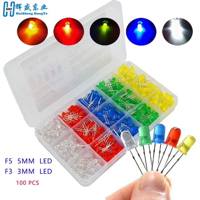 100-Pack 3mm/5mm Round LEDs for DIY Electronics