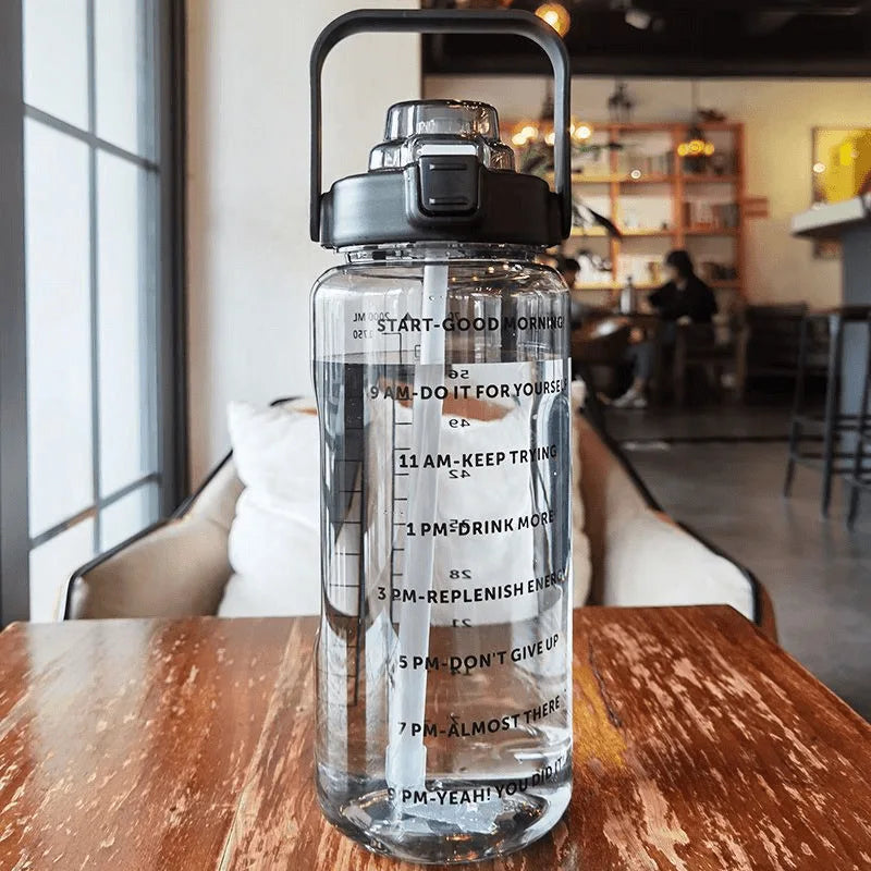 2L Water Bottle Portable Straw Plastic Water Cup for Outdoor Sports Fitness Adult High Value Big Fat Cup with Time Marker