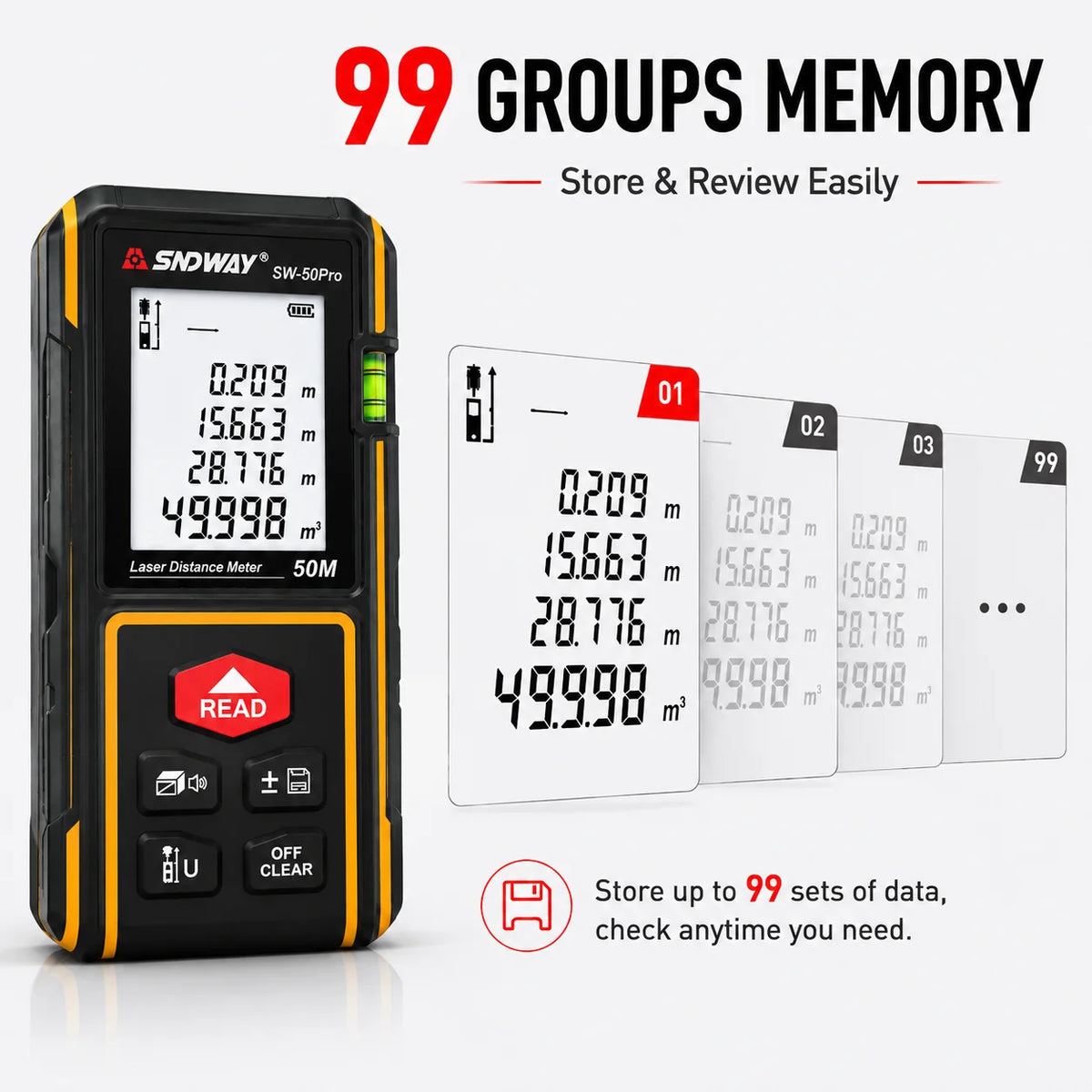 SNDWAY Laser Distance Meter SW-50Pro 50M 70M 100M Digital Rangefinder ±2mm Accuracy Area Vol for Construction Leveling