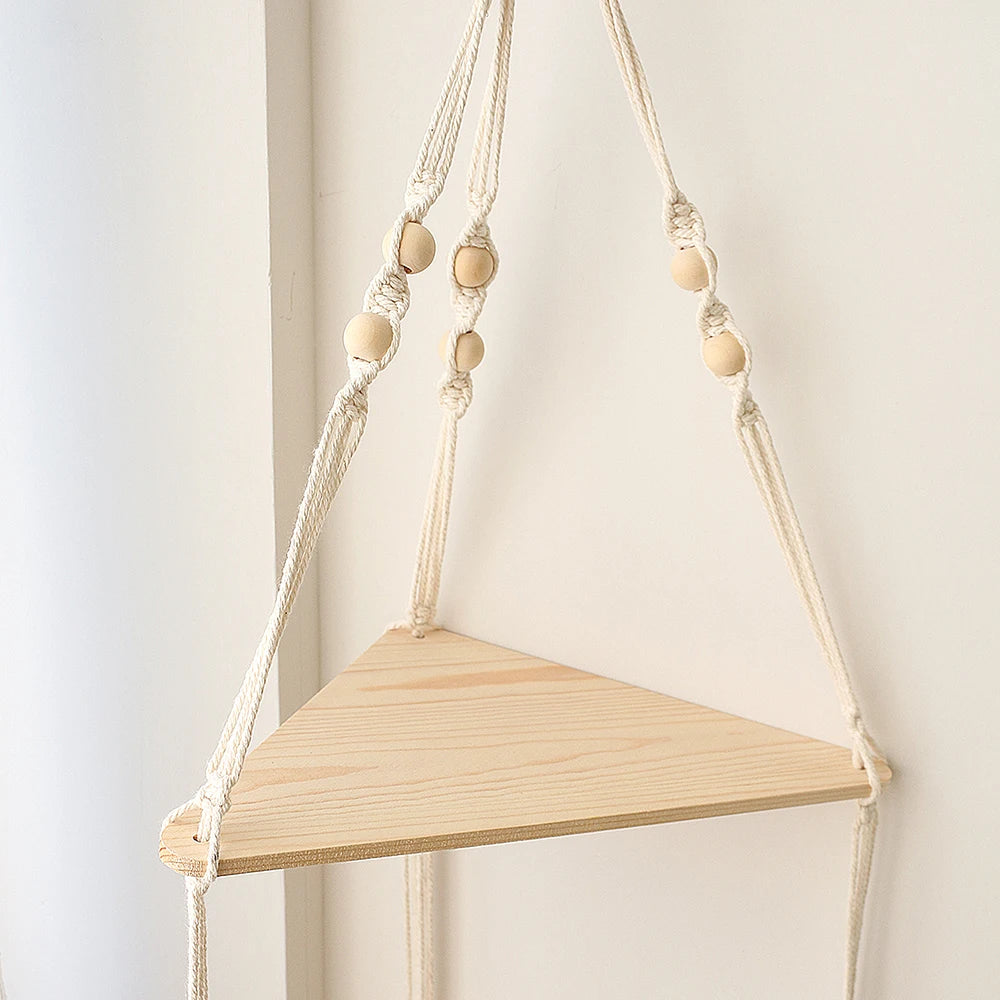 Boho Wood Hanging Wall Shelf – Macramé Display Organizer