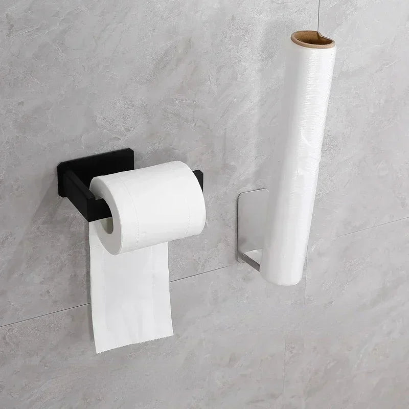 Stainless Steel Toilet Roll Holder Self Adhesive in Bathroom Tissue Paper Holder Black Finish Easy Installation No Screw