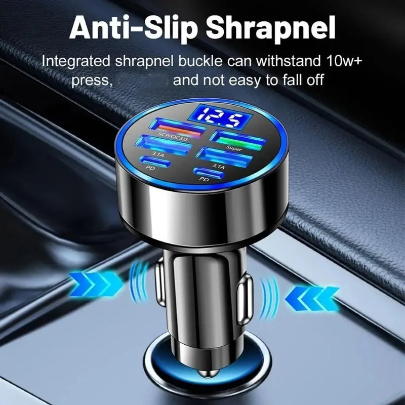 6-Port USB & PD Car Charger with Voltage Display