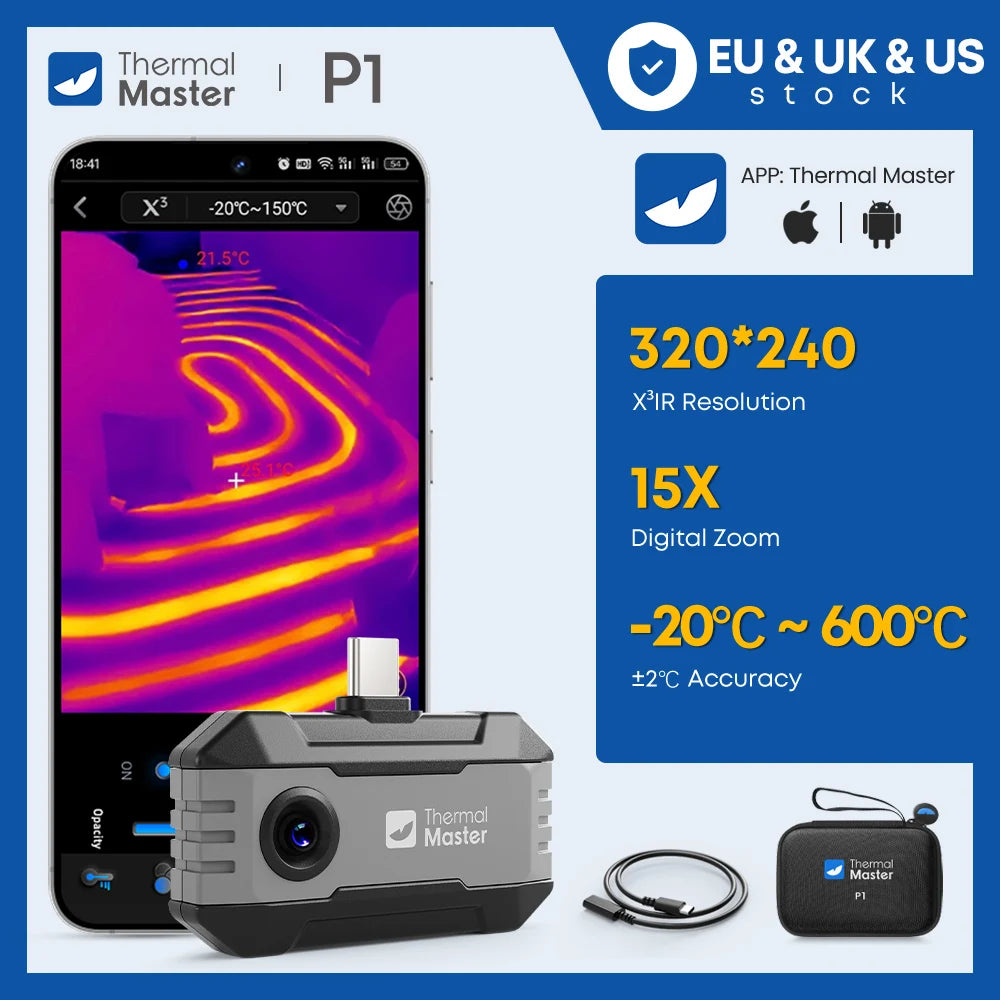 320*240 Thermal Imaging Camera P1  for iPhone and Android Cell Phone 600℃ HVAC House Inspection 15X Digital Zoom