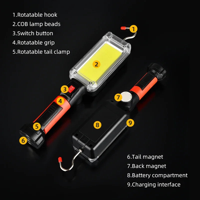 COB Floodlight Rechargeable Lamp Led Work Light Use 2*18650 Battery Led Portable Magnetic Light Hook Clip Waterproof