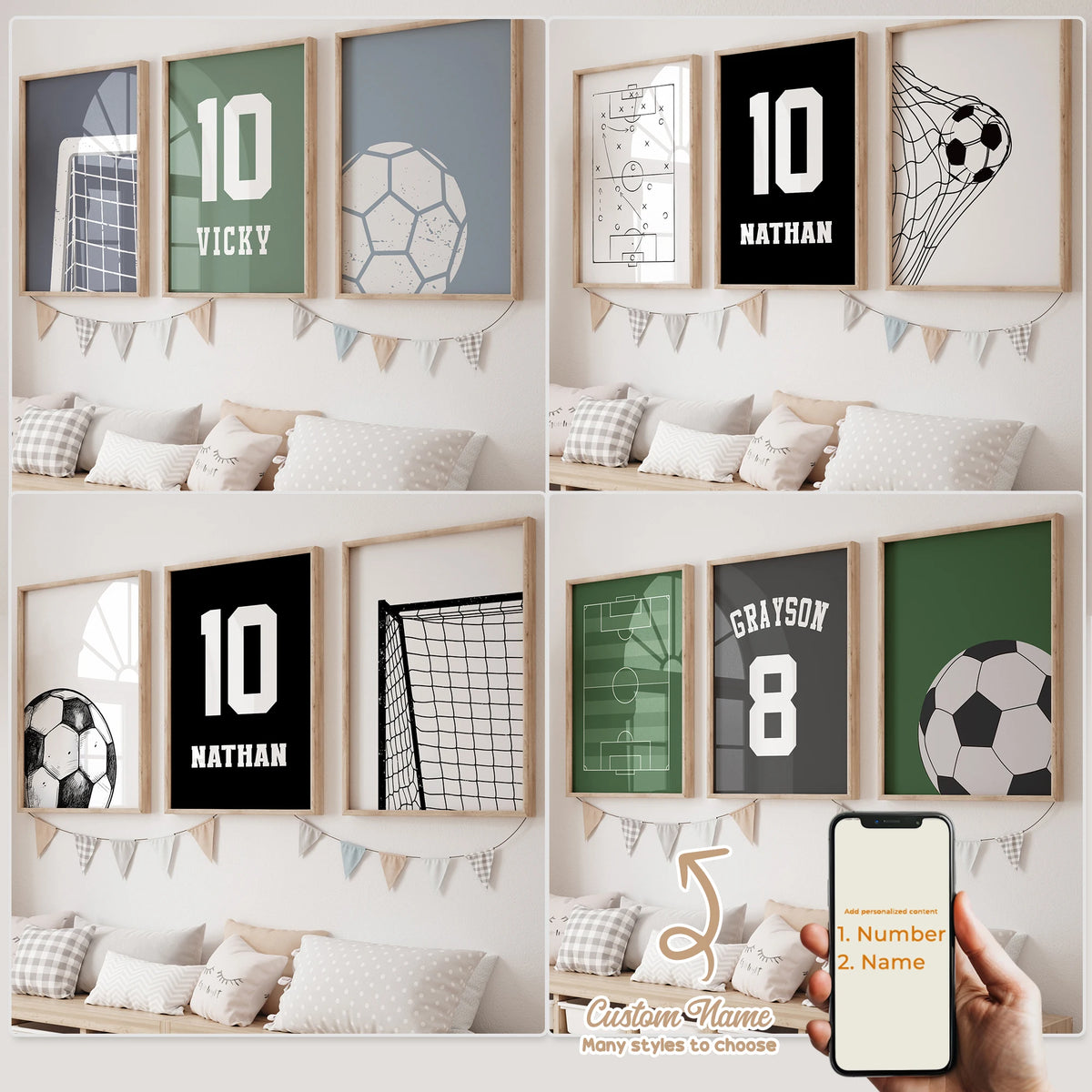 3pcs Personalized Custom Name Cartoon Football Wall Art Print Picture Canvas Poster Painting For Living Room Home Decor