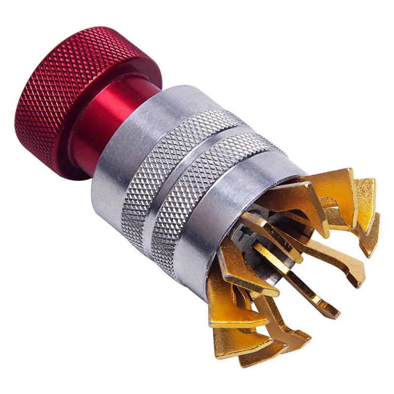 Adjustable watch crystal lift tool with red knob and multi-jaw head