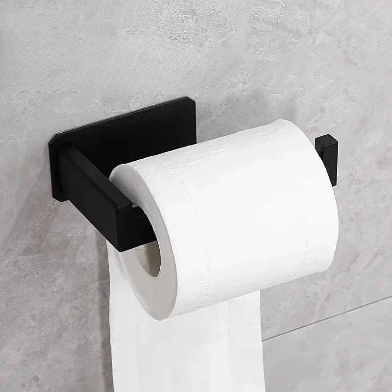 Stainless Steel Toilet Roll Holder Self Adhesive in Bathroom Tissue Paper Holder Black Finish Easy Installation No Screw