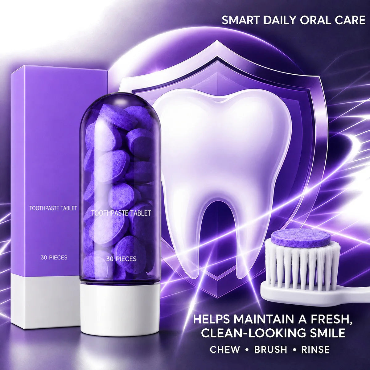 Purple Teeth Whitening Tablets 30 Pcs – Removes Stains & Plaque, Mint Flavor, Deep Cleaning, Portable Oral Care