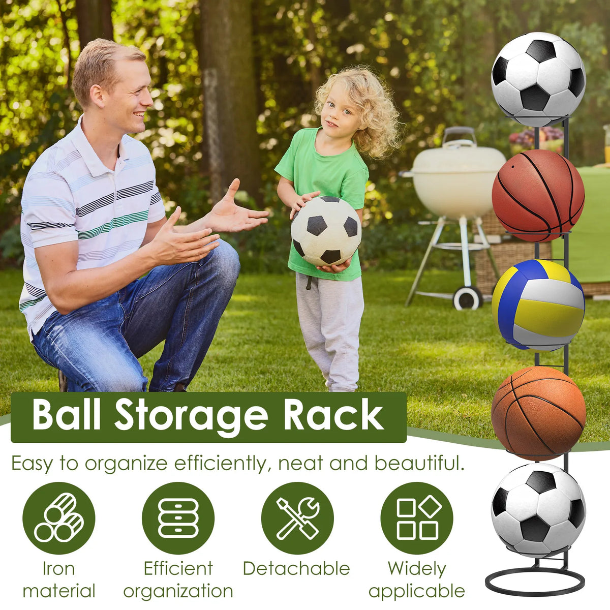 5 Tier Iron Ball Storage Rack Vertical Removable Home Indoor Children Basketball Football Volleyball Stand Holder Saving Space