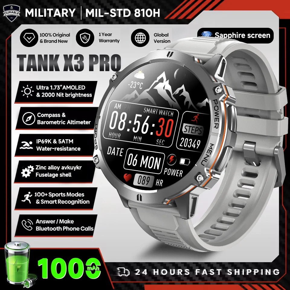 TANK X3 1000mAh Outdoor Smartwatch, 10ATM