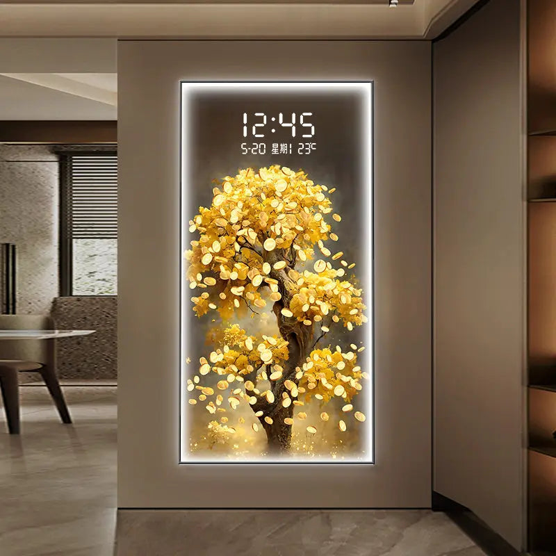 Money Tree Wall Clock Modern Living Room LED Electronic Clock Corner Entrance Bedroom Study Wall Light Mural Watch Home Decor