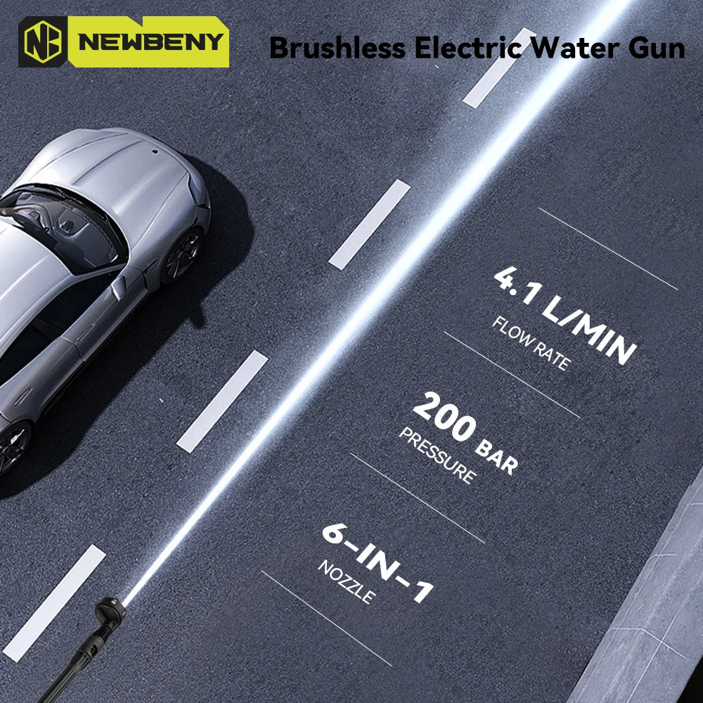 NEWBENY 200Bar Brushless High Pressure Car Washer Gun 6 IN 1 Electric Washing Spray Gun Without Battery  For Makita Battery Pin