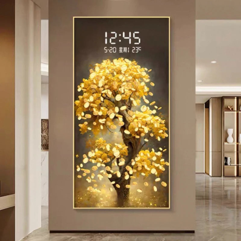Money Tree Wall Clock Modern Living Room LED Electronic Clock Corner Entrance Bedroom Study Wall Light Mural Watch Home Decor