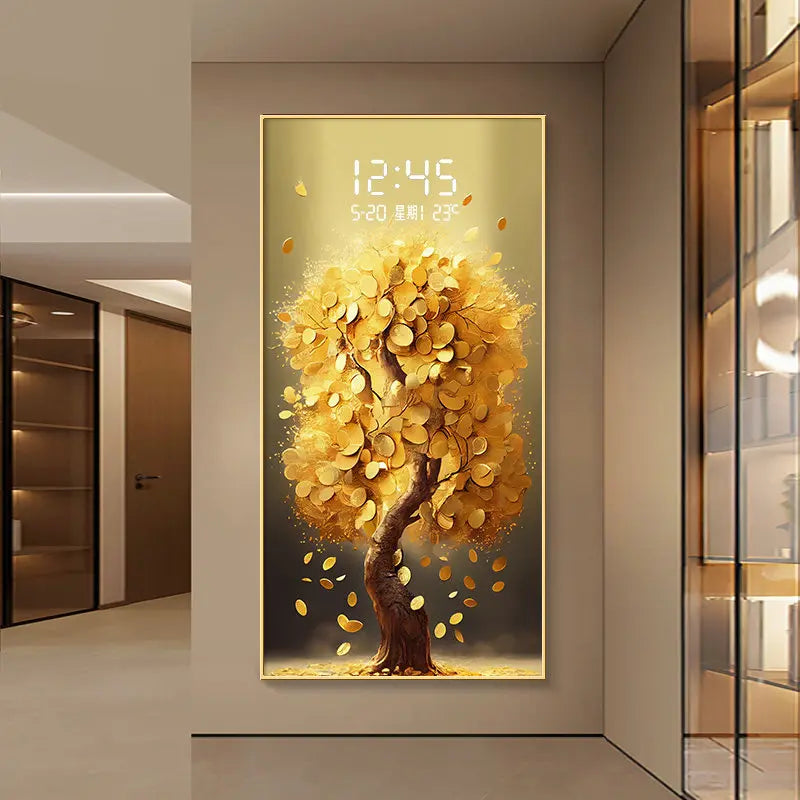 Money Tree Wall Clock Modern Living Room LED Electronic Clock Corner Entrance Bedroom Study Wall Light Mural Watch Home Decor