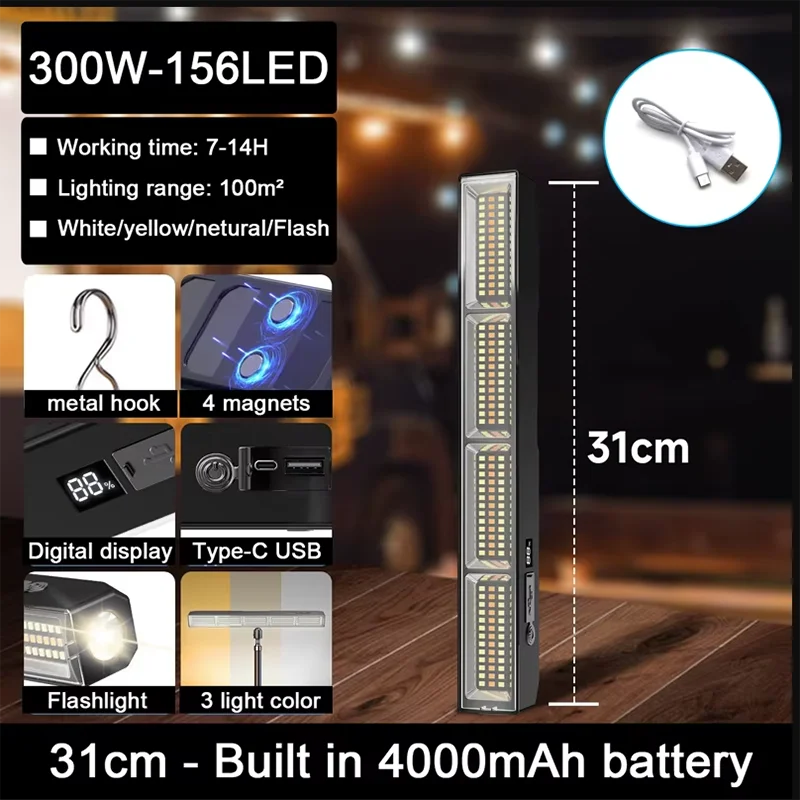 Magnetic LED Work Light Bar USB Rechargeable Portable 3 Modes IP66 Waterproof Emergency Power Bank Lamp Camping Garage Repair RV