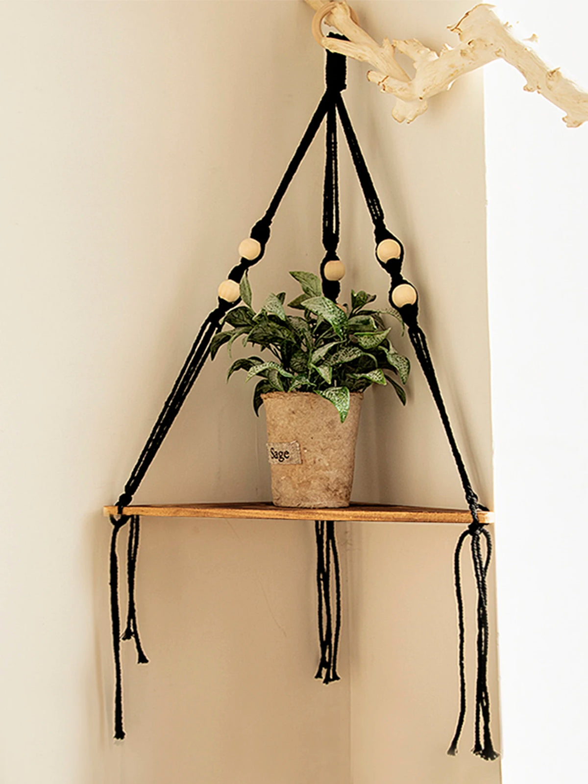 Boho Wood Hanging Wall Shelf – Macramé Display Organizer