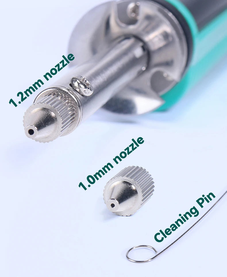 Interchangeable 1.0 and 1.2 mm nozzles