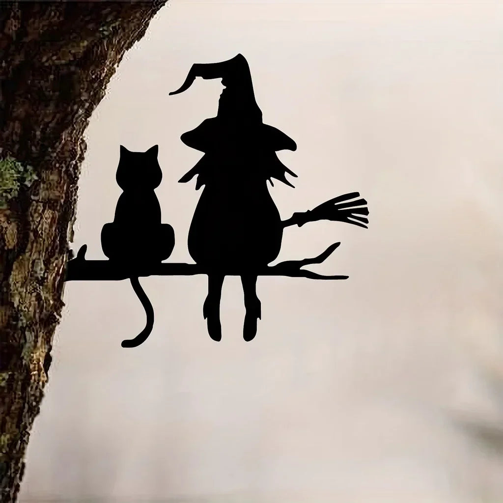 Witch & Cat Metal Garden Stake – Outdoor Yard Art