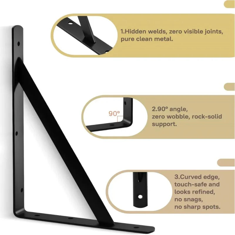2-8PCS Black/White Steel Heavy Duty L Bracket,6-12" Floating Tripod Shelf Brackets,90 Degree Angle Wall Mounted Support Bracket