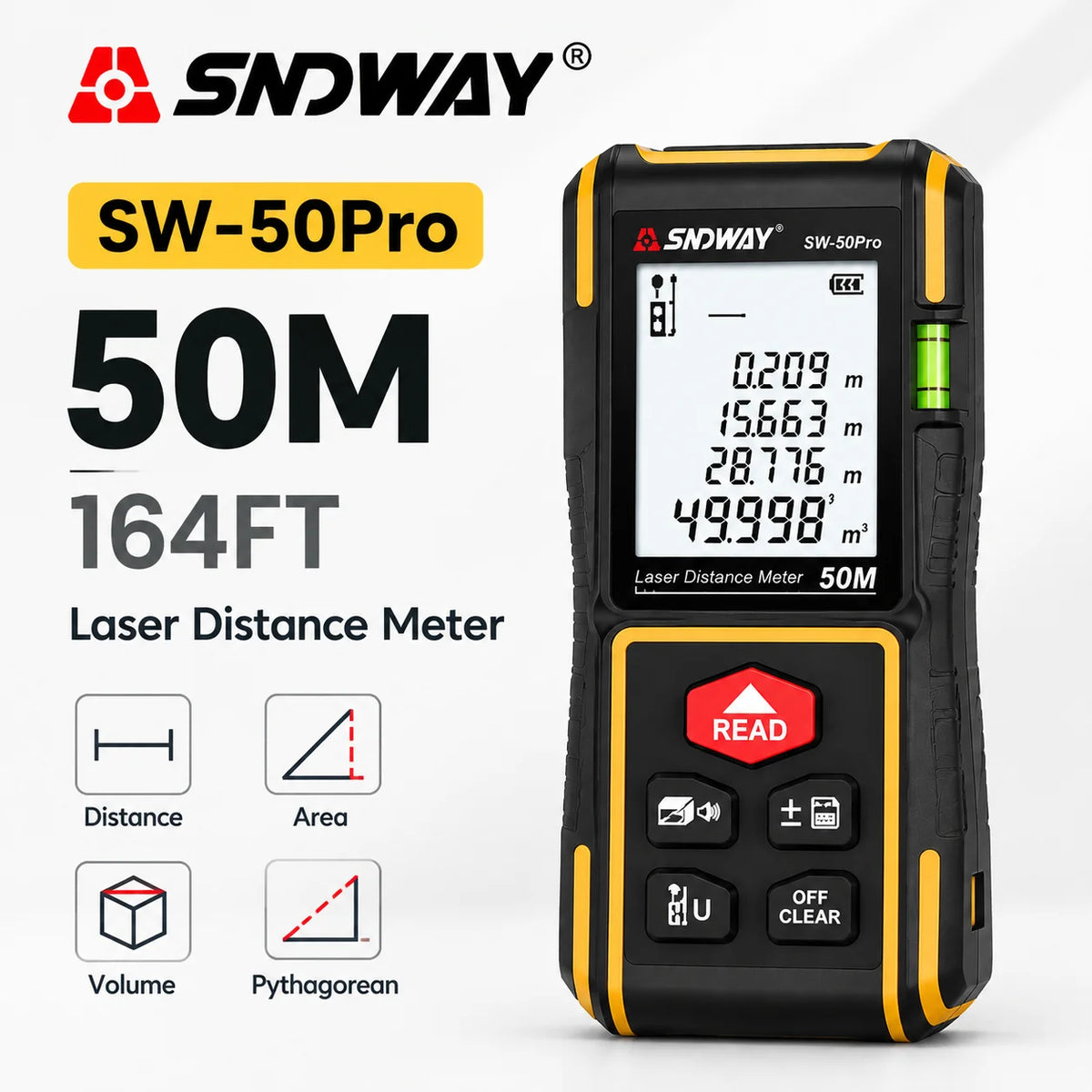 SNDWAY Laser Distance Meter SW-50Pro 50M 70M 100M Digital Rangefinder ±2mm Accuracy Area Vol for Construction Leveling