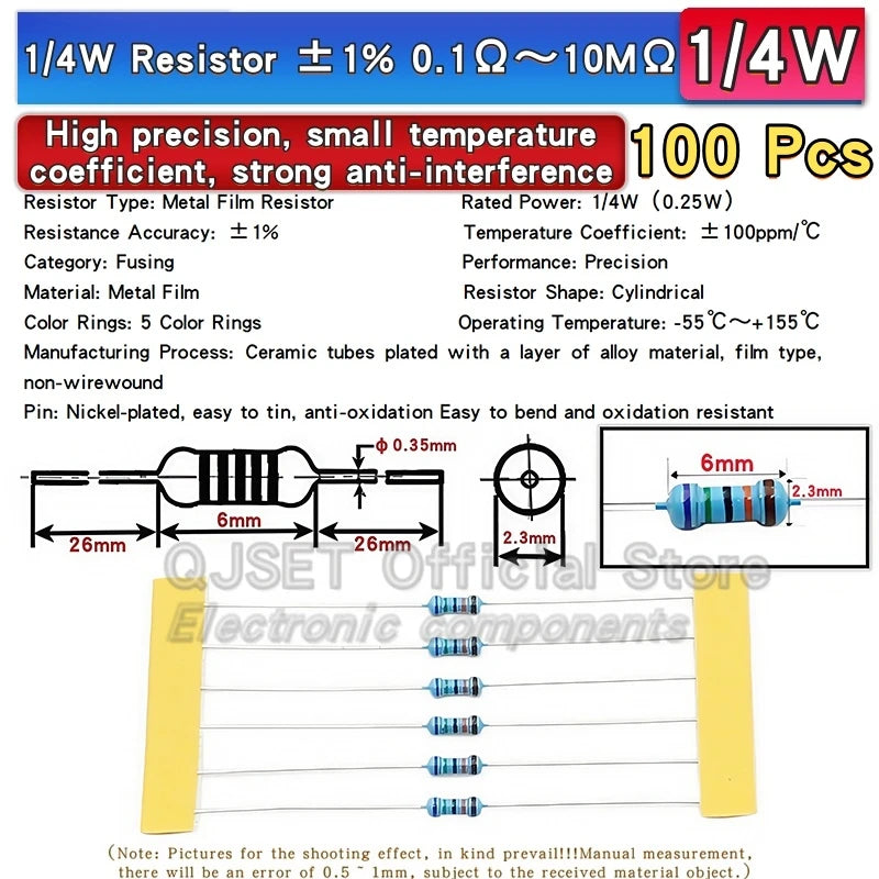 100-Pack 0.25W 1% Metal Film Resistors, Multiple Values