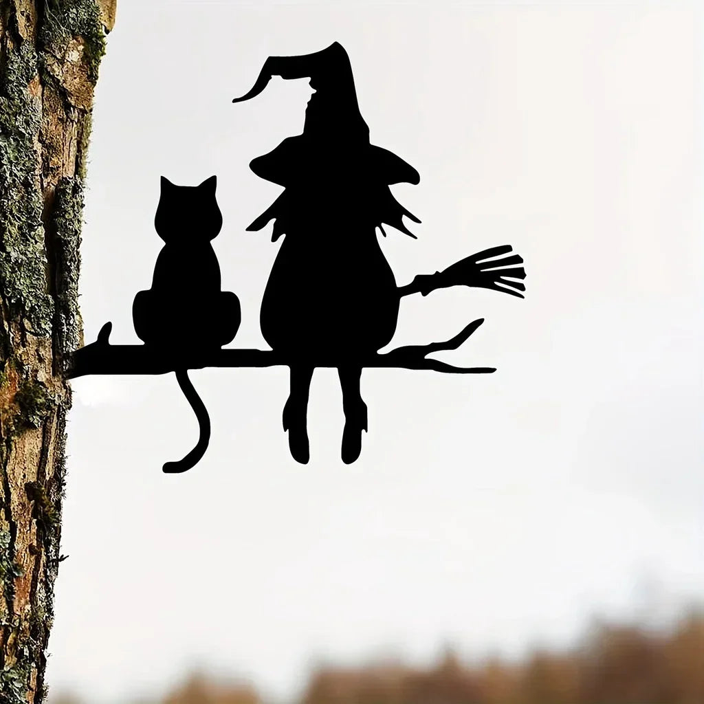 Witch & Cat Metal Garden Stake – Outdoor Yard Art
