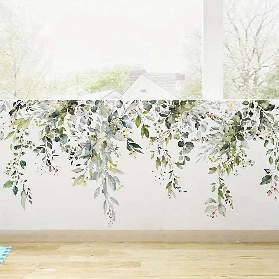 2pcs Plant Vine Flower Green Leaf Self-Adhesive Wall Stickers Removable Decorative Decal for Home Living Room Bedroom Background