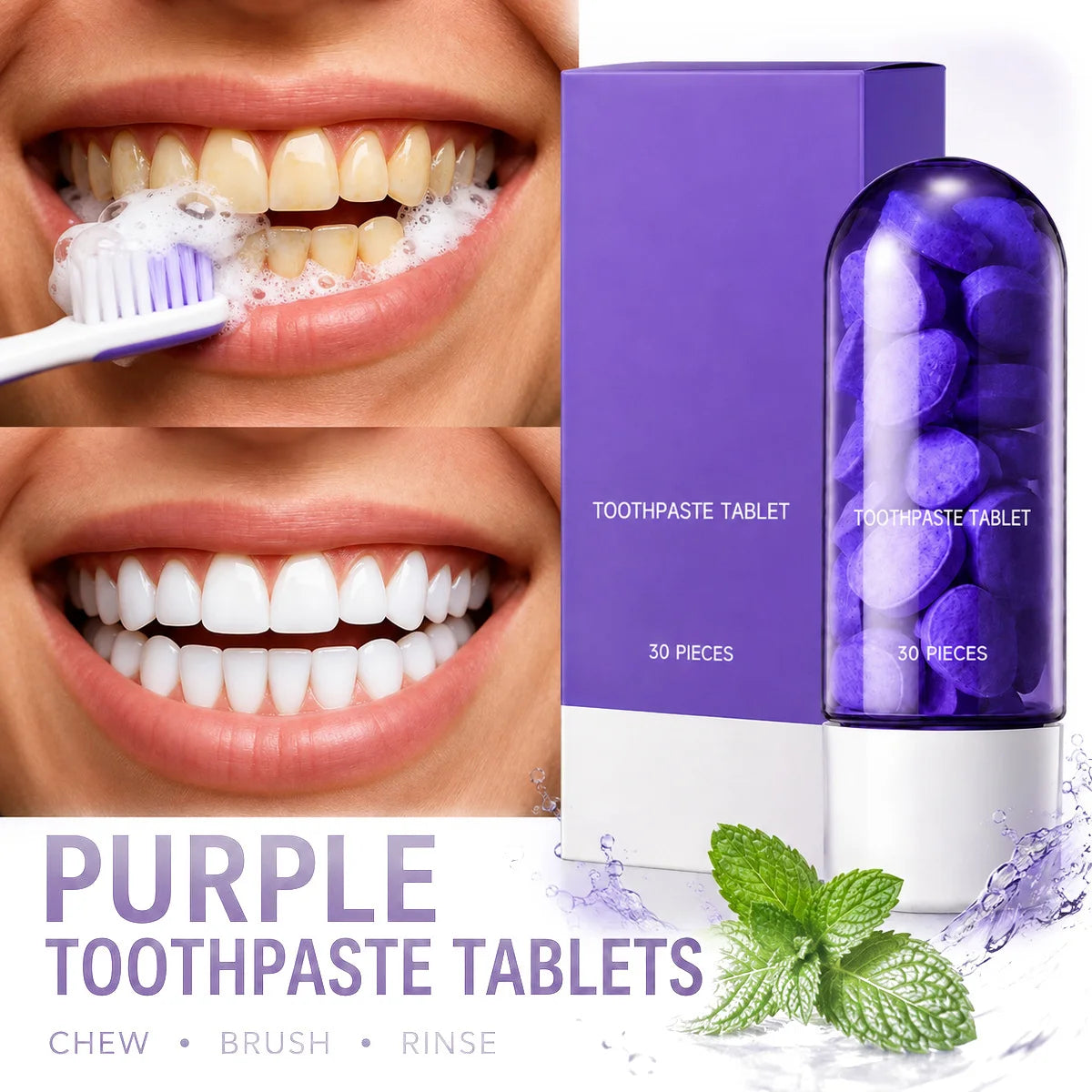 Purple Teeth Whitening Tablets 30 Pcs – Removes Stains & Plaque, Mint Flavor, Deep Cleaning, Portable Oral Care