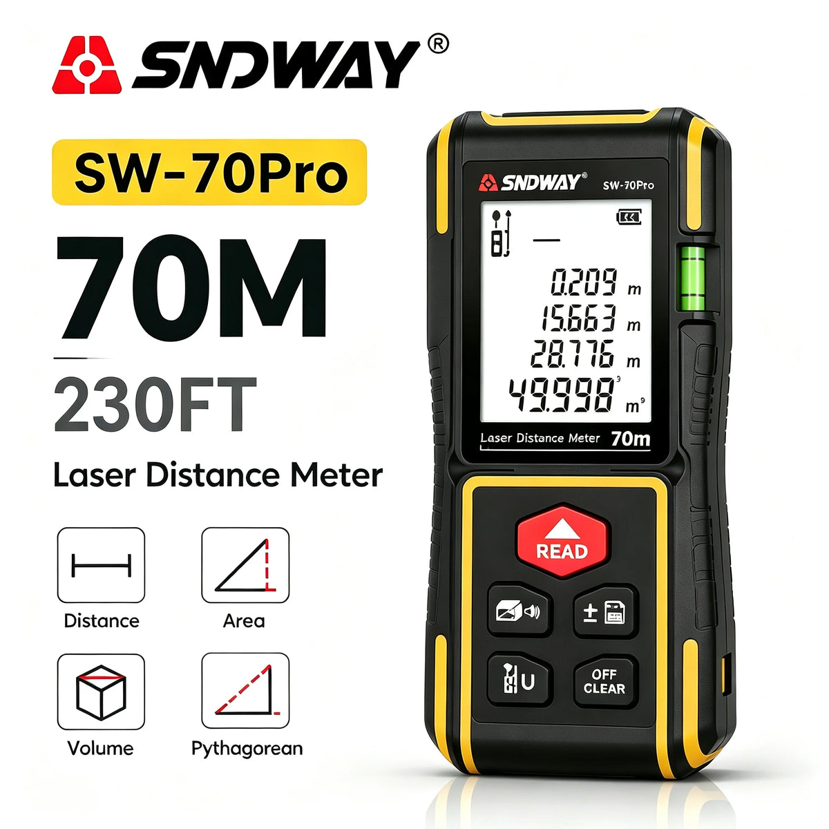 SNDWAY Laser Distance Meter SW-50Pro 50M 70M 100M Digital Rangefinder ±2mm Accuracy Area Vol for Construction Leveling