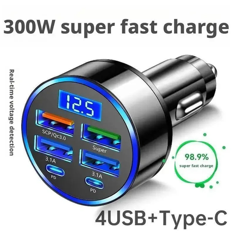 300W PD Car Charger QC3.1 Fast Charge 4USB+2PD Ports Car Cigarette Lighter Plug Car Charger Flash Charge with Digital Display