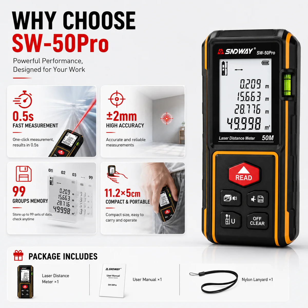 SNDWAY Laser Distance Meter SW-50Pro 50M 70M 100M Digital Rangefinder ±2mm Accuracy Area Vol for Construction Leveling