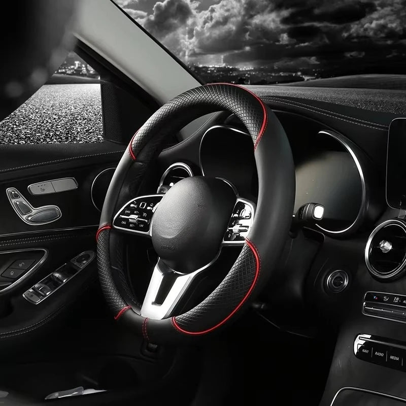 All Seasons Leather Diamond Steering Wheel Cover Universal Fit for 14 .5-15 Inch Durable Leather Cover Anti-Slip Veins Design