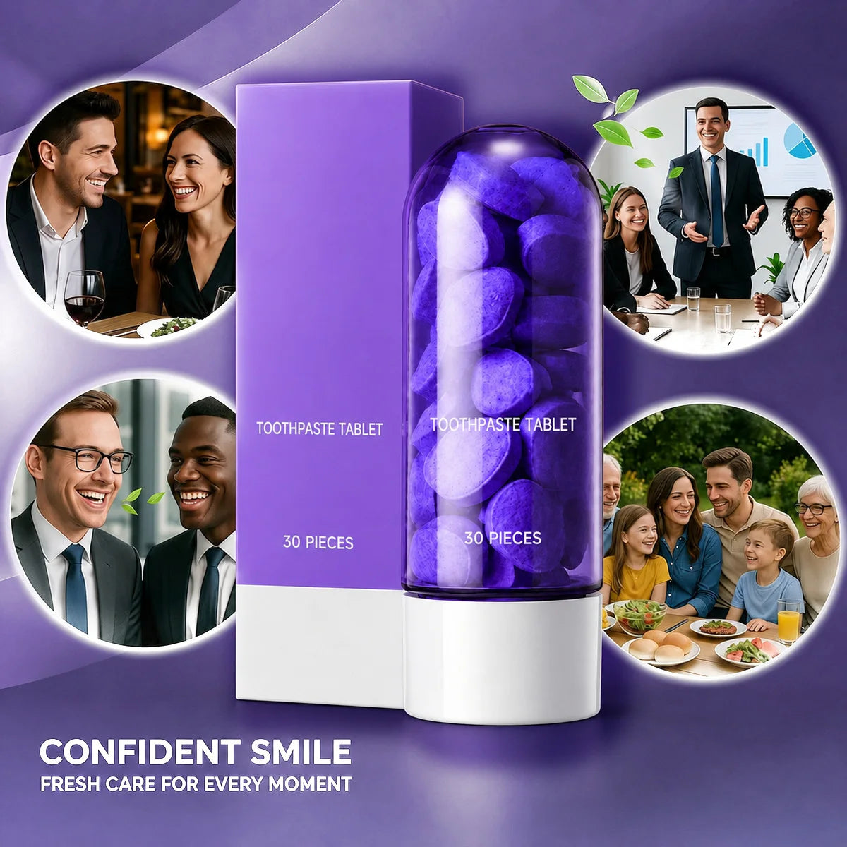Purple Teeth Whitening Tablets 30 Pcs – Removes Stains & Plaque, Mint Flavor, Deep Cleaning, Portable Oral Care