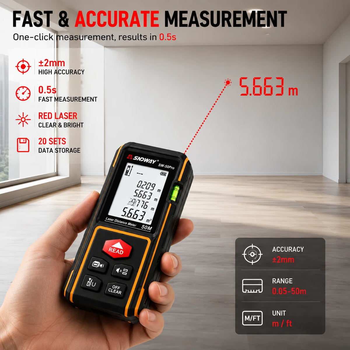 SNDWAY Laser Distance Meter SW-50Pro 50M 70M 100M Digital Rangefinder ±2mm Accuracy Area Vol for Construction Leveling