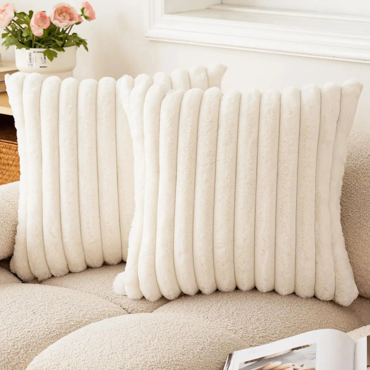 Faux Rabbit Fur Cushion Cover – Soft Striped Design