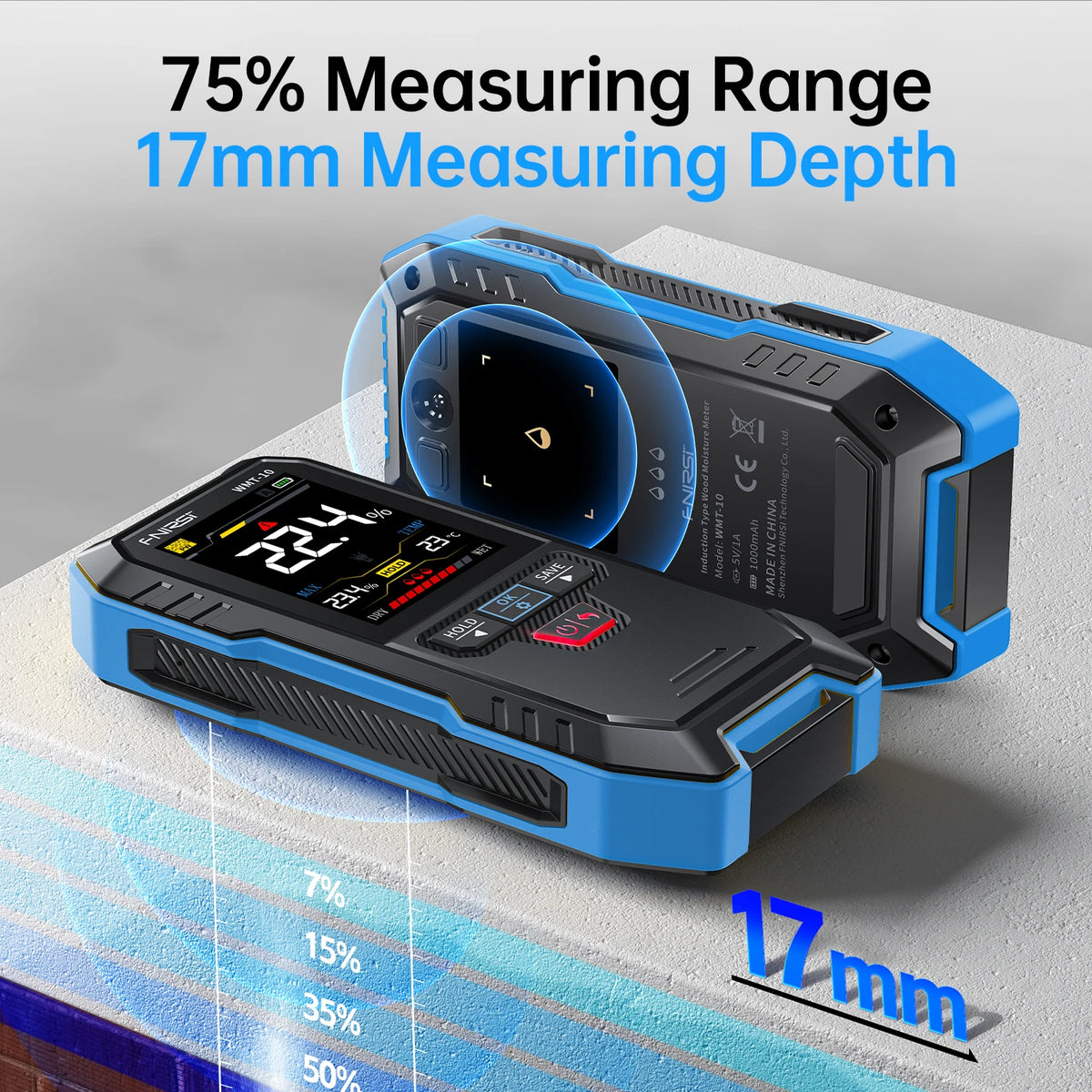 FNIRSI WMT-10 Hygrometer Inductive Wood Moisture Meter 17mm Measurement Depth