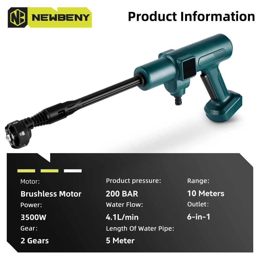 NEWBENY 200Bar Brushless High Pressure Car Washer Gun 6 IN 1 Electric Washing Spray Gun Without Battery  For Makita Battery Pin