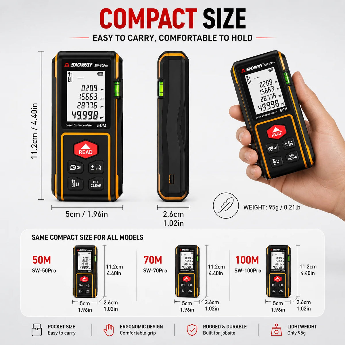 SNDWAY Laser Distance Meter SW-50Pro 50M 70M 100M Digital Rangefinder ±2mm Accuracy Area Vol for Construction Leveling