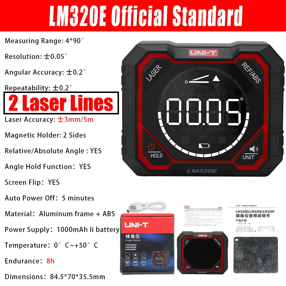 UNI-T LM320D LM320E LM320F Laser Inclinometer Digital Angel Meter with Absolute Relative Angle Measurement Magnetic Inclinometer