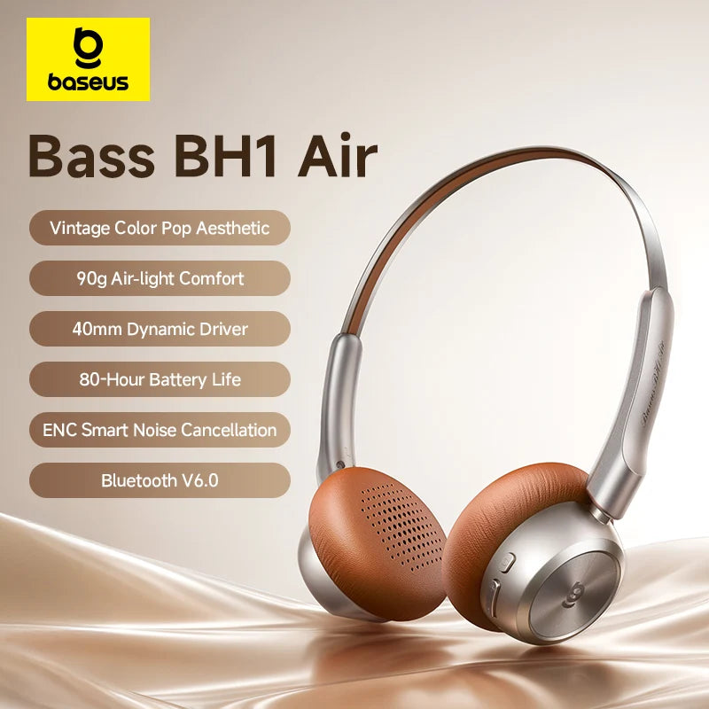 Baseus BH1 Air Wireless Headphones Bluetooth 6.0 ENC Noise Cancellation Lightweight 90g Over Ear Headset 80H Earphone