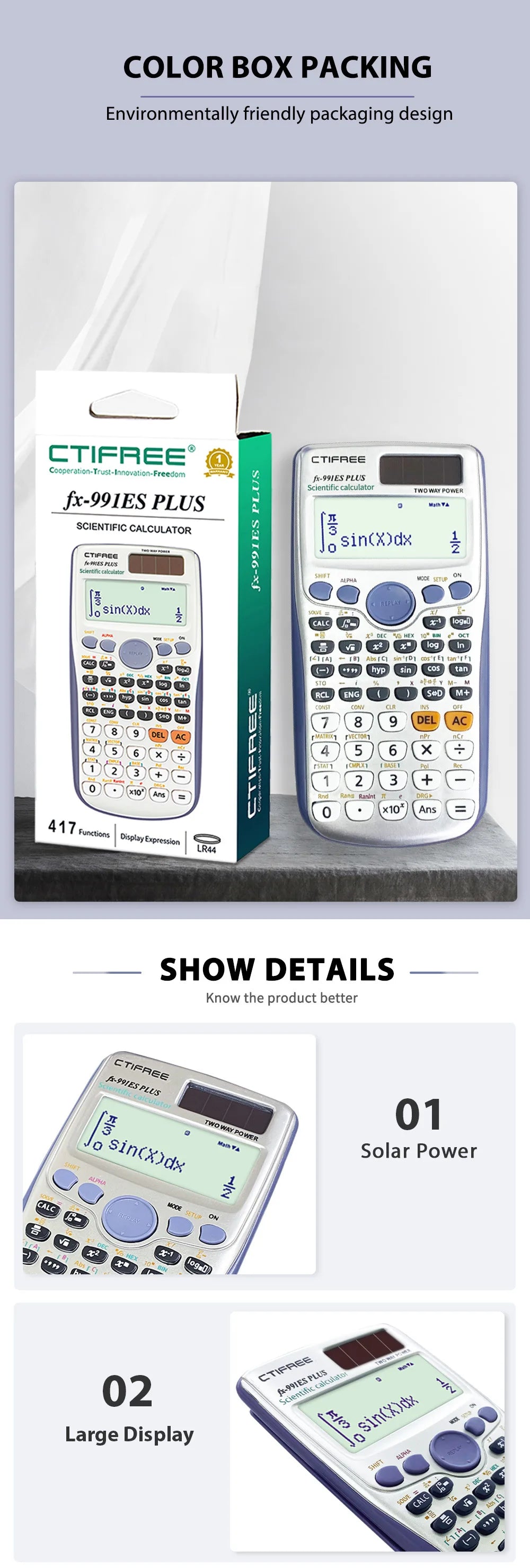 Calculator for FX-991ES PLUS Original Scientific Calculator 417 Functions for High School University Students Office Coin Batter