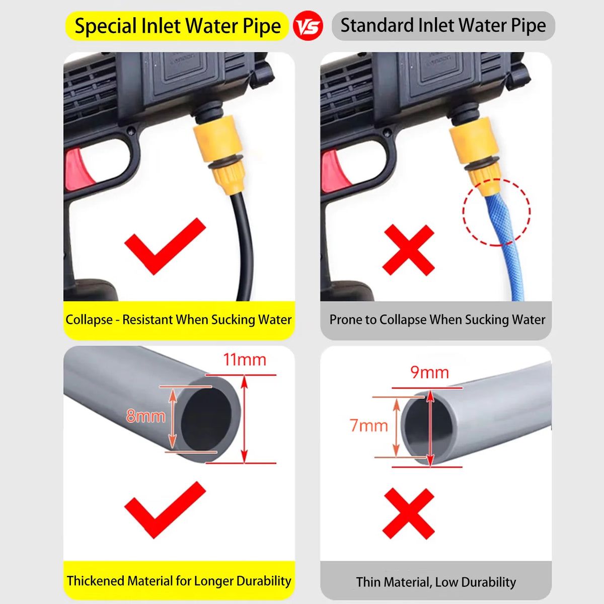 5m/10m/15m/20m Cordless Lithium High-Pressure Car Wash Gun Water Inlet Hose, Household Washer Pipe, 3/8" Flexible Suction Hose