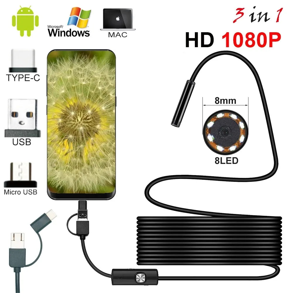 New 8mm Endoscope Camera 1080P HD USB Endoscope With 8 LED 1/2/5M Flexible Cable Inspection Borescope for Android PC