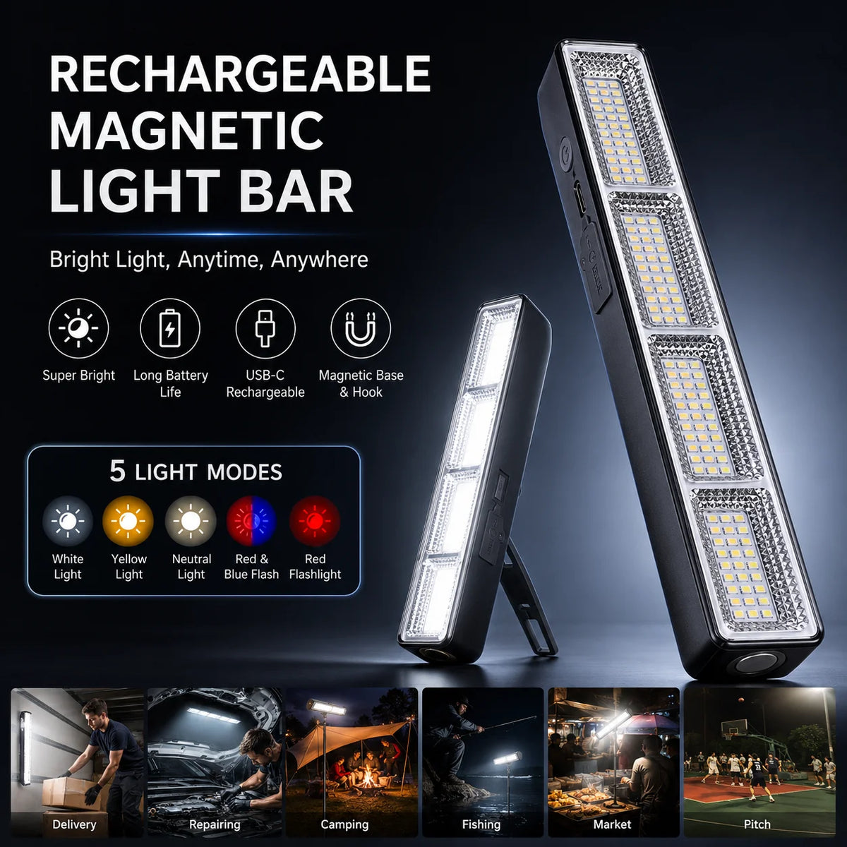 Magnetic LED Work Light Bar USB Rechargeable Portable 3 Modes IP66 Waterproof Emergency Power Bank Lamp Camping Garage Repair RV